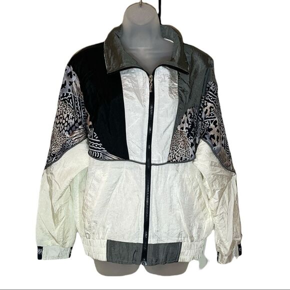 Vintage Jackets & Blazers - Vintage Ville Franche 1990s Colorblock Windbreaker Jacket Animal Print M